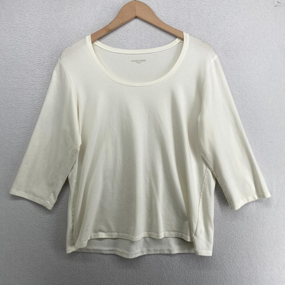 EILEEN FISHER Top XL Stretch Organic Cotton Scoop Neck Long Sleeve Off White USA - Picture 1 of 9